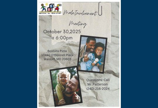 Flyer for SMTCCAC, Inc. Head Start Male Involvement Meeting on October 30, 2025, at 6:00 PM at Boston’s Pizza in Waldorf, MD. Includes photos of smiling fathers with their children and contact information for Mr. Patterson.
